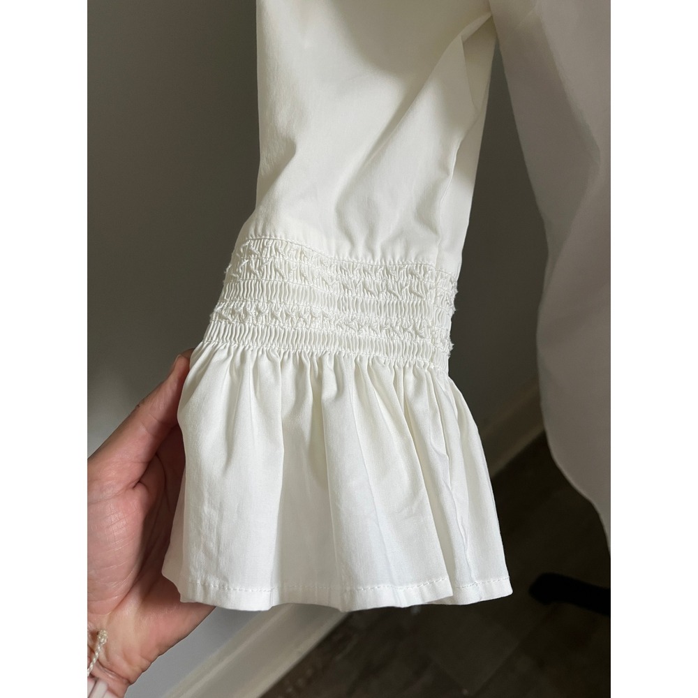 Smocked Ruffle Sleeve Blouse Medium MP White Shirt Minimalist Boho Chic Office - Picture 3 of 8